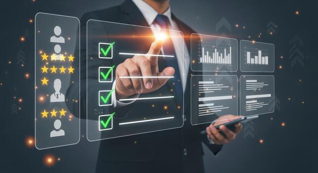 Businessman Interacting with Digital Checklists and Data Visualizations Representing Project Management and Business Strategy Success photo