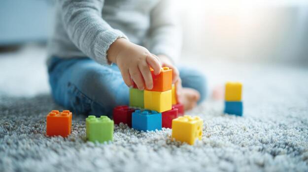 niño apilado vistoso edificio bloques en alfombra, temprano aprendizaje desarrollo y creativo Tiempo de juego, interior foto
