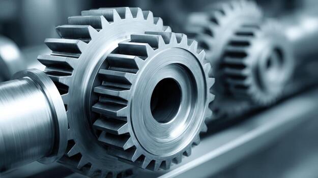 Precision Metal Gears on Shafts Engineering and Manufacturing Components, Close-up Industrial Image photo
