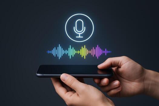 Hands holding smartphone with microphone and sound wave visualization, representing voice recognition technology and audio processing photo