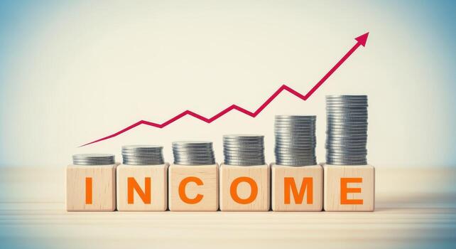 Rising Income Concept with Coins Stacked on Wooden Blocks and Red Arrow Depicting Growth photo