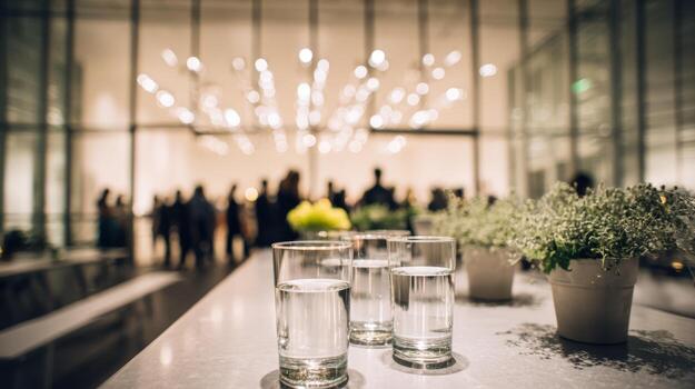 Elegant Event Reception with Water Glasses, Floral Arrangements, and Blurred Attendees in a Modern Space photo