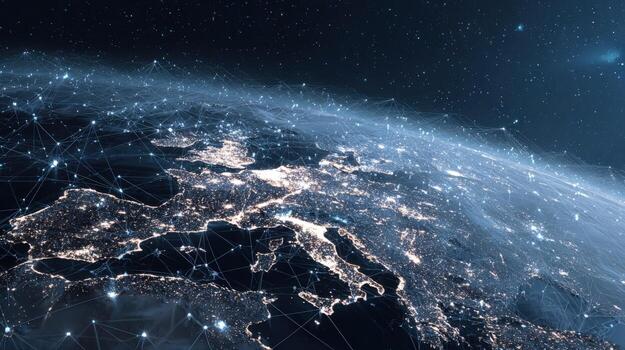 Europe at Night from Space A Networked World Visualization of City Lights and Connections photo