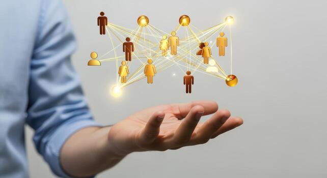 Abstract Social Network Visualization over Open Palm Connection, Communication, and Global Interconnectivity Concept photo