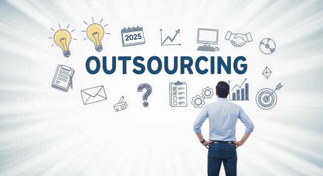 Outsourcing Business Strategy Man Contemplates Future Opportunities with Hand-Drawn Icons Representing Growth, Innovation, Planning, and Collaboration photo