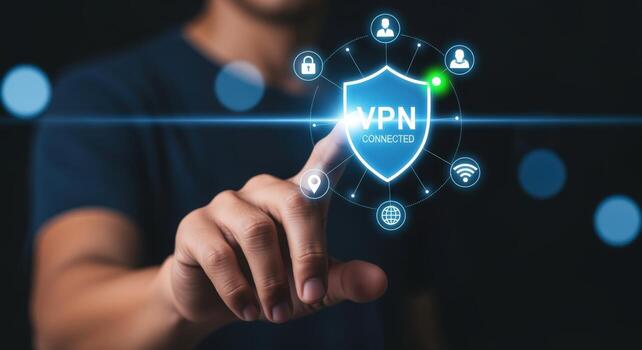 VPN Connection Security Concept Man Activating Virtual Private Network on Digital Interface for Online Protection photo