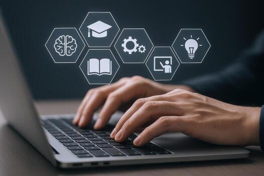 Online Learning and Education Concept Hands Typing on Laptop with Educational Icons Overlay photo