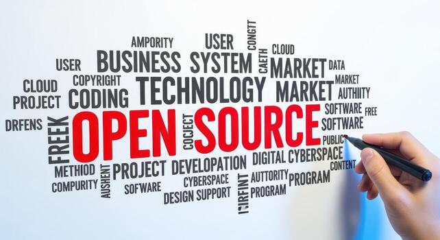 abierto fuente concepto palabra nube con mano escritura en blanco fondo, representando colaborativo tecnología foto