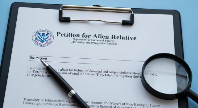 Petition for Alien Relative on Clipboard with Pen and Magnifying Glass, Immigration Form, Document, Blue Background photo