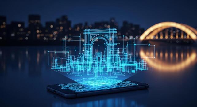 Holographic Cityscape Projection from Smartphone Displaying Augmented Reality Technology and Future Urban Development Concepts at Night photo