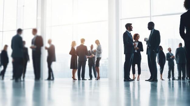 Business Professionals Networking in Modern Office Lobby Collaboration, Communication, and Diverse Teams photo