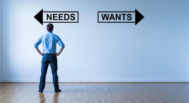 Concept of Needs Versus Wants Man Standing Before Two Directional Arrows on Wall photo