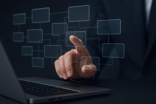 interactivo flujo de trabajo mano interactuando con digital diagrama de flujo en pantalla, demostrando negocio estrategia y tecnología foto