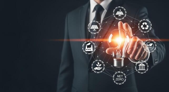 Businessman Innovating Sustainable Energy Solutions with Net Zero Target, Emphasizing Renewable Resources and Eco-Conscious Practices photo