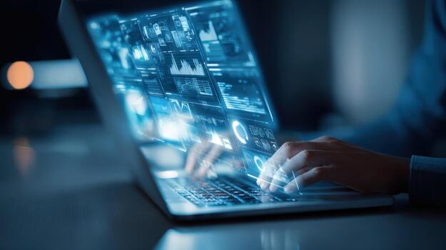 Data analysis on modern laptop with charts and digital screens, person working at desk photo