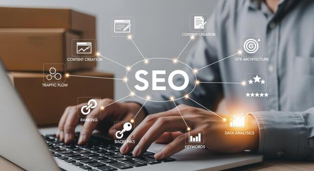 SEO Optimization Strategy Business Professional Analyzing Data for Increased Website Traffic and Improved Site Architecture photo