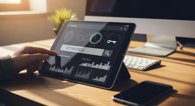 analizando palabras clave en tableta pantalla con mano conmovedor mostrar, digital márketing y seo mejoramiento estrategia foto