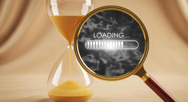 Loading time concept Hourglass and magnifying glass displaying loading bar with a beige background photo