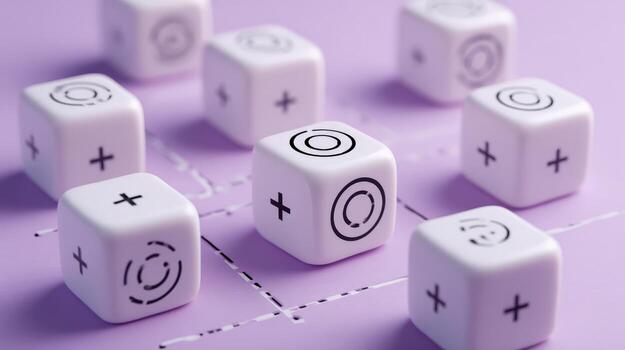 Conceptual Game Dice Arranged on Purple Surface, Representing Strategy, Risk, and Chance in Business photo