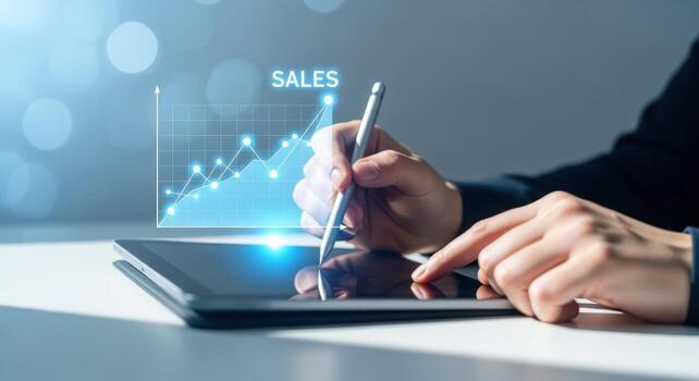 Sales Growth Analysis on Tablet Business Professional Examining Positive Trends with Digital Technology photo