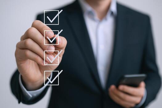 Businessman Completing Checklist with Checkmarks on Transparent Screen Using Mobile Phone for Business Project photo
