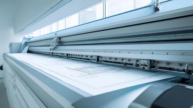 grande formato impresora impresión técnico dibujos en un brillante moderno oficina ambiente foto