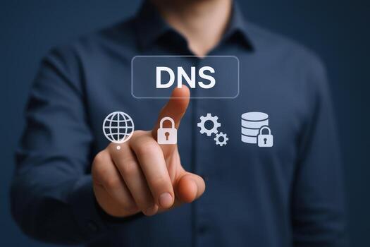 DNS Concept Man Touching Virtual Button Displaying Domain Name System for Secure Internet Connection photo