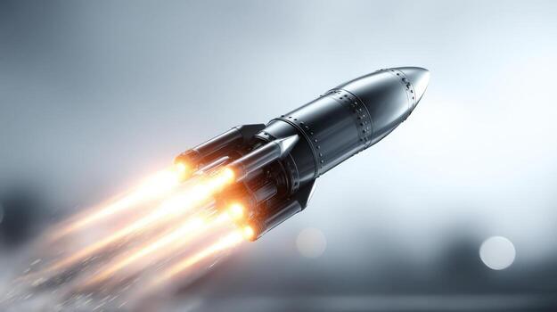 Rocket Launching with Flames, Futuristic Spacecraft Ascending, Metallic Spaceship Flying Through the Air photo