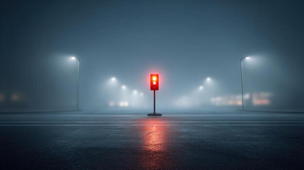 Red Traffic Light on Empty City Street at Night in Dense Fog, Indicating Stop photo