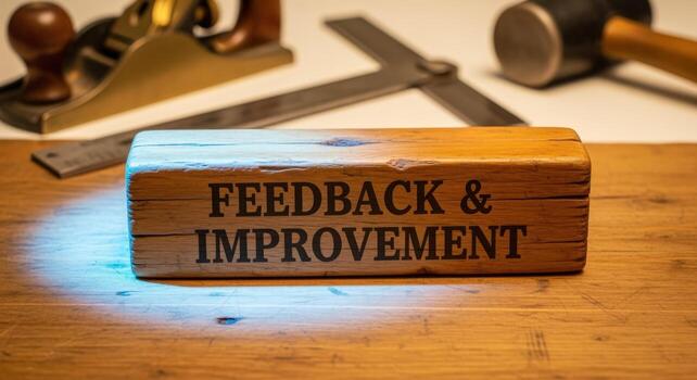 Feedback and Improvement Concept Wooden Block with Engraved Message on Woodworking Tools Background photo
