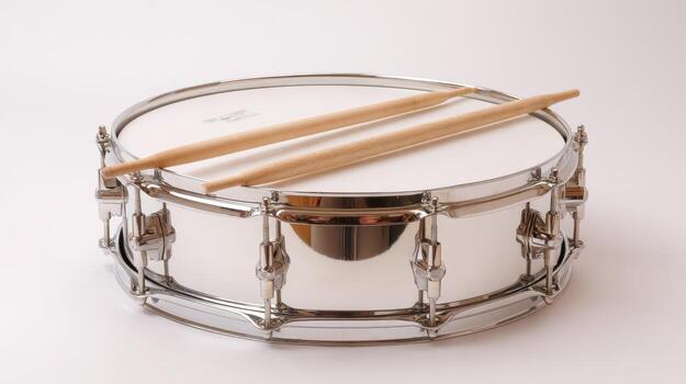 Snare drum with drumsticks, musical instrument with white drumhead and chrome hardware isolated on white studio background photo