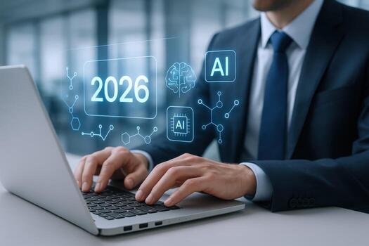 Businessman Working on Laptop with AI Digital Interface Forecasting 2026, Representing Future Technology photo