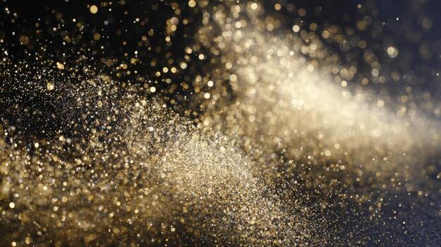 Golden Glitter Dust Bursting Across Dark Background, Festive Celebration, Glamorous Design Element, Abstract Sparkle photo