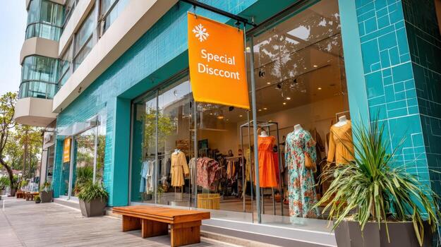 Boutique storefront featuring Special Discount sign displaying modern fashion, appealing window display, enhancing retail experience and inviting customers photo