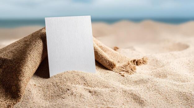 Blank White Card on Burlap Material at Sandy Beach with Ocean Backdrop for Graphic Design photo