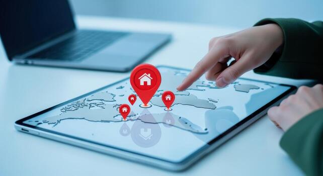 global real inmuebles inversión mano señalando a un digital mapa mostrando propiedad ubicaciones en un tableta foto