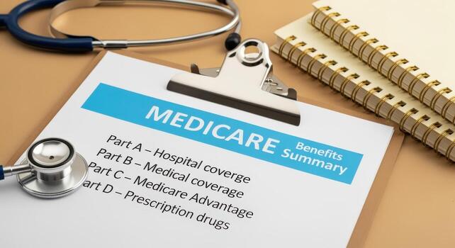 Medicare benefits summary on a clipboard with stethoscope, showcasing healthcare coverage options and policy information photo