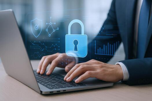 la seguridad cibernética profesional asegurando datos con ordenador portátil digital cerrar con llave, proteccion, cifrado, y biométrico autenticación para en línea la seguridad foto