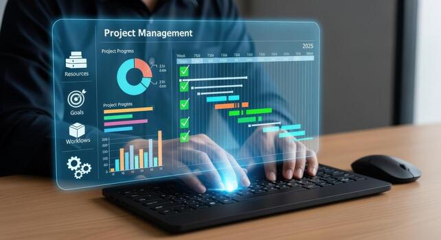 Digital Project Management Interface Displaying Gantt Chart and Progress, Man Typing on Keyboard, High Technology Concept photo