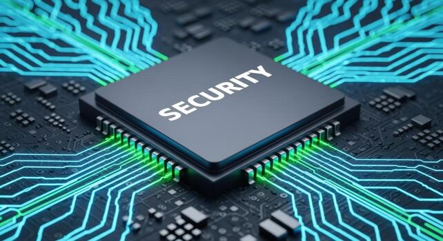 Security Chip on Circuit Board Illustrating Digital Protection, Data Safety and Cybersecurity Measures for Business Technology photo