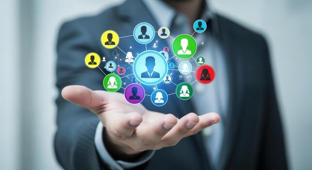 Businessman Displaying Network of Connected People Icons Representing Collaboration and Communication in Modern Technology photo