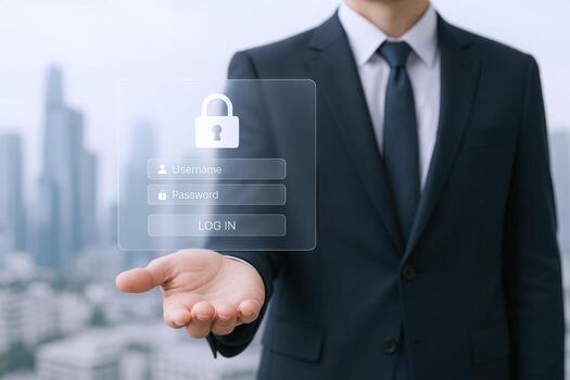 Business Professional Displaying Secure Login Interface Data Protection and Cybersecurity Concept photo
