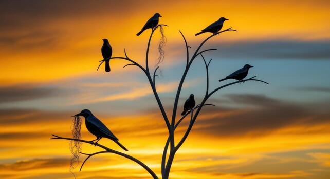 Silhouette of Birds on Bare Tree Branches Against Dramatic Sunset Sky - Avian Concept photo