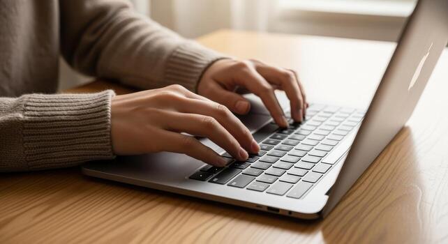 mujer mecanografía en ordenador portátil teclado, trabajando a hogar, oficina productividad y tecnología concepto foto