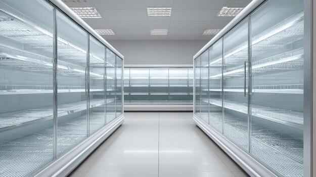 Empty Supermarket Refrigerated Display Cases Awaiting Stocking in a Modern Retail Environment, Offering Potential for Food Storage photo