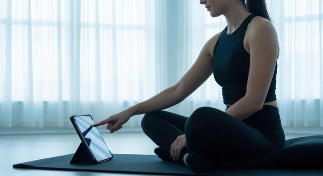 Woman Practices Online Yoga Class Using Tablet, Indoor Fitness Routine in Bright and Airy Studio photo