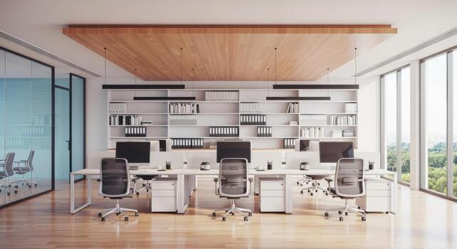Modern Open Office Space with Natural Light and Contemporary Design for Collaborative Work photo