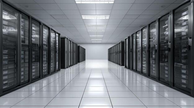 Data Center Interior with Rows of Server Racks, High Tech IT Infrastructure Environment photo