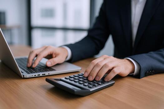 Professional Man Calculating Finances with Calculator and Laptop on a Wooden Desk photo