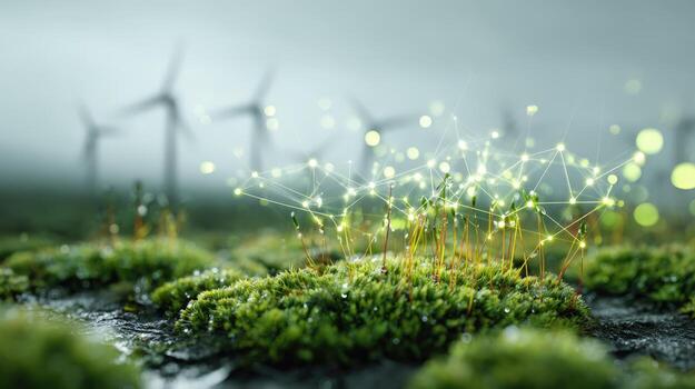 sostenible energía red musgo, viento turbinas, y digital conexión representando verde tecnología soluciones foto